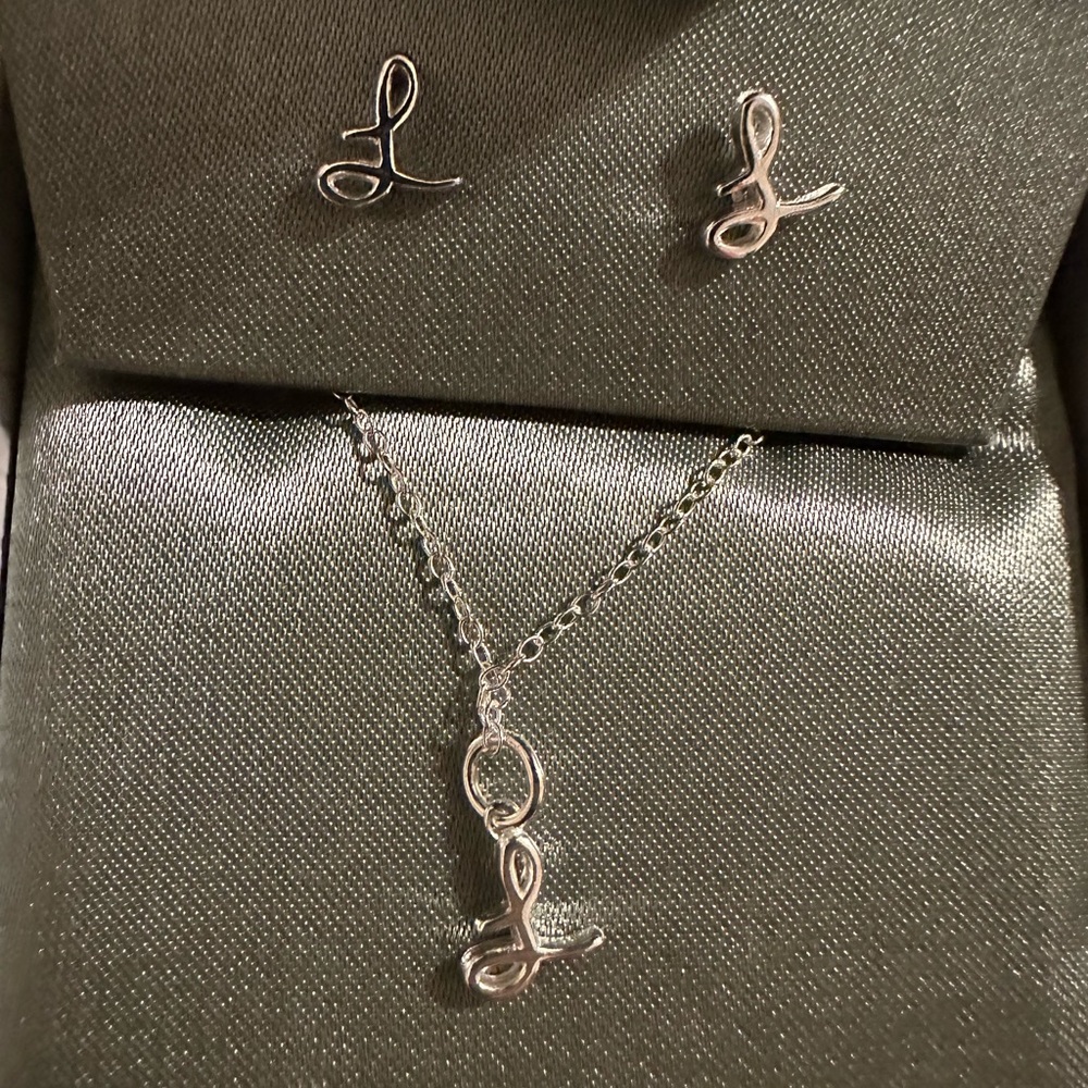Sterling silver earrings and necklace initial L
